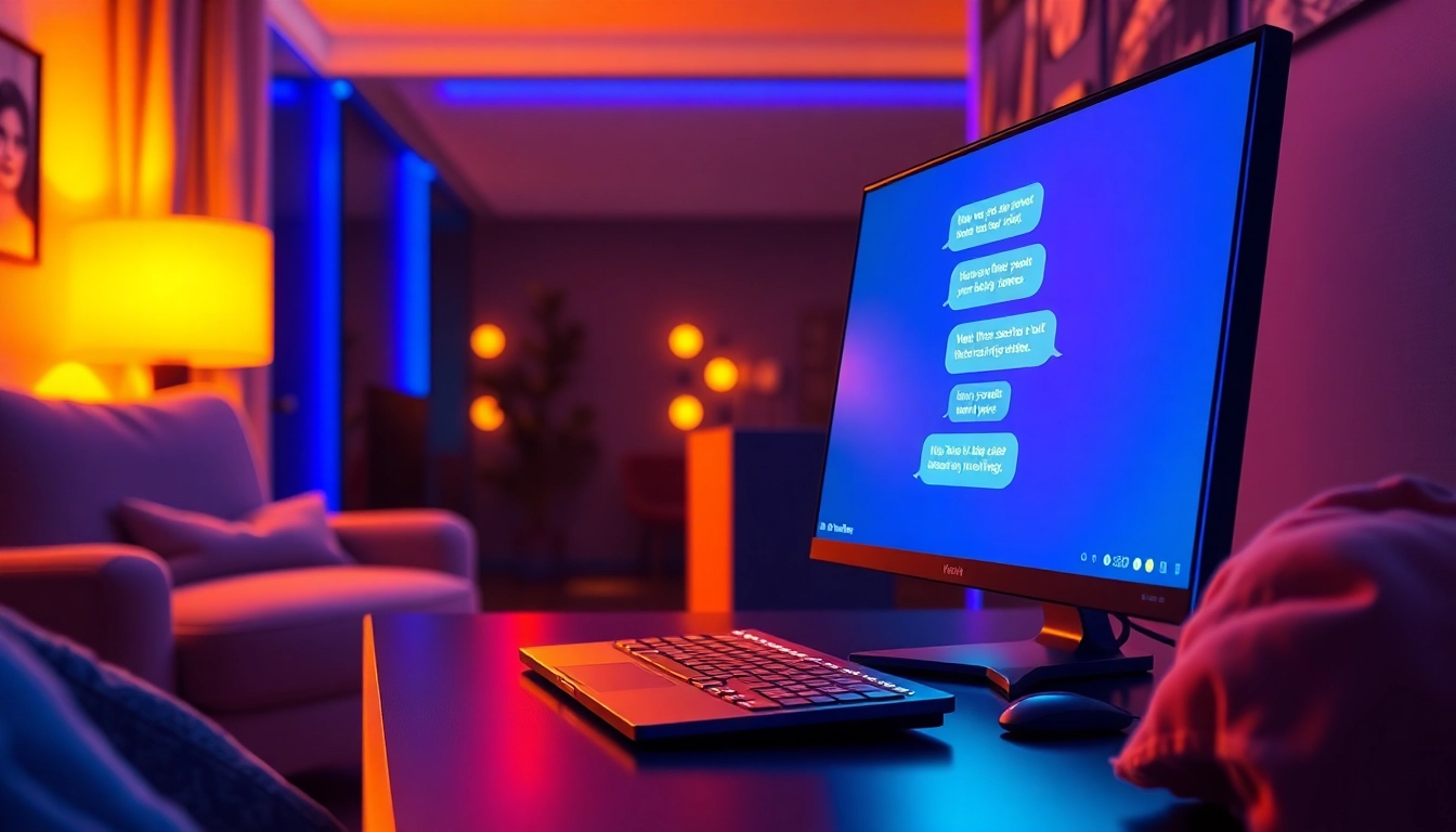 A digital illustration of a computer setup with an AI chatbot conversation on the screen, glowing text bubbles, and a cozy tech environment.