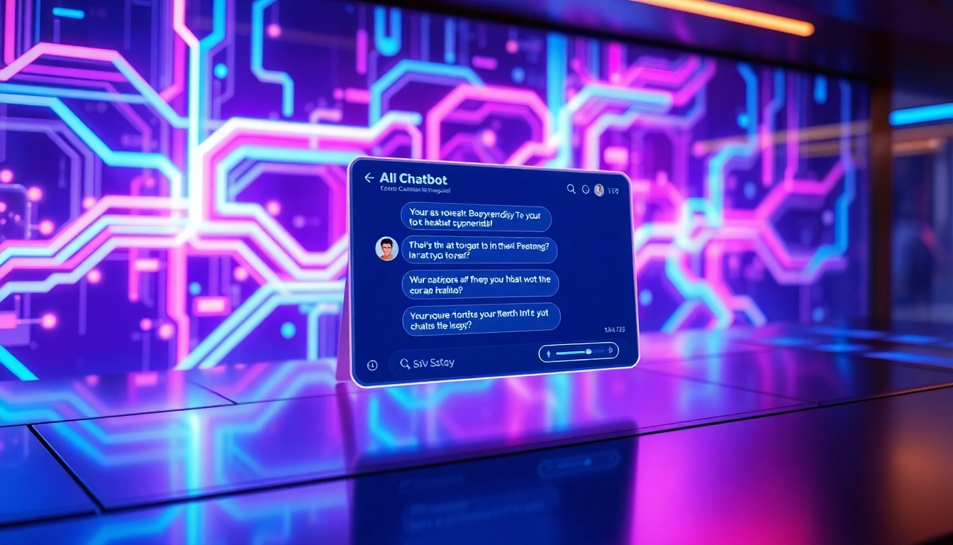 Futuristic AI chatbot interface with vibrant neon colors and abstract digital background