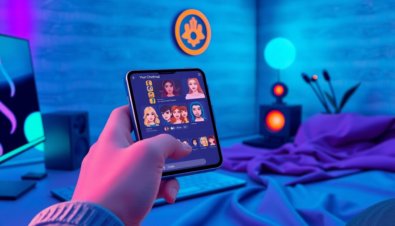 A person interacting with a futuristic AI chatbot on a smartphone in a stylish, ambient workspace.