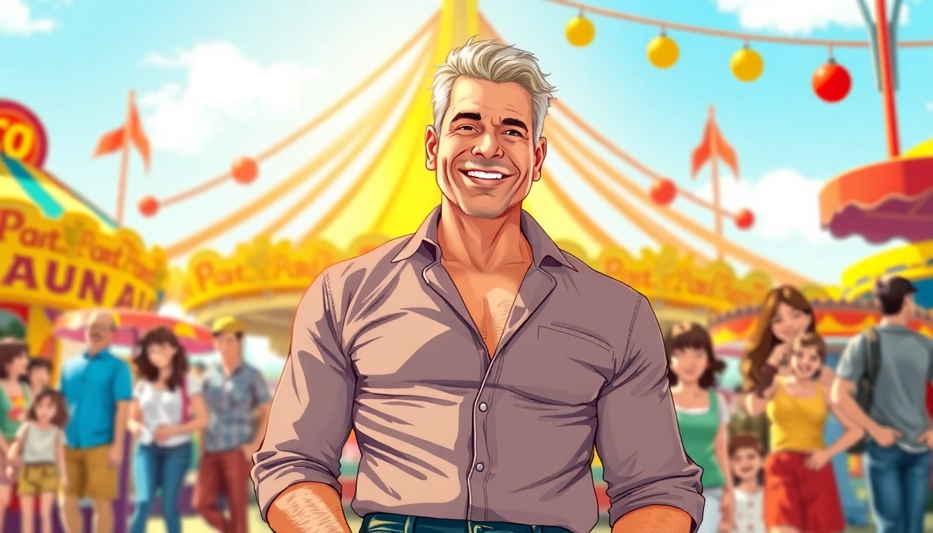 An attractive older man smiling confidently at a lively amusement park with families around him.