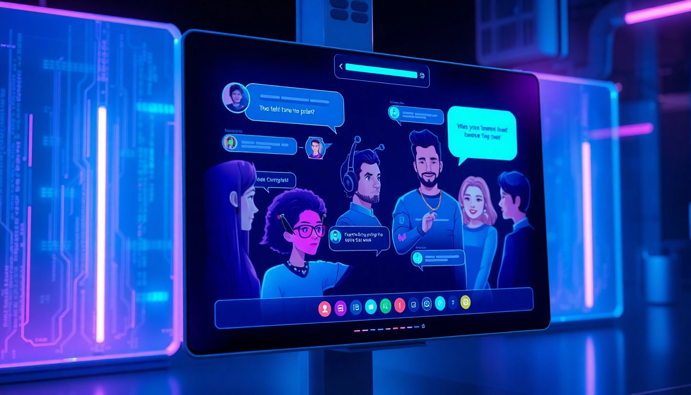 Futuristic AI chat interface with customizable characters glowing with neon lights