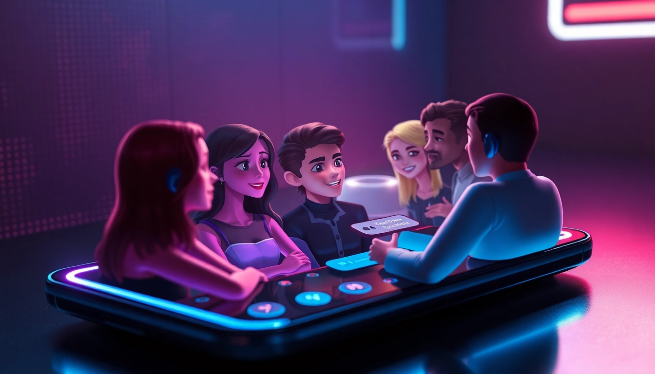 Futuristic chat interface with animated AI characters engaging in conversation on a sleek device