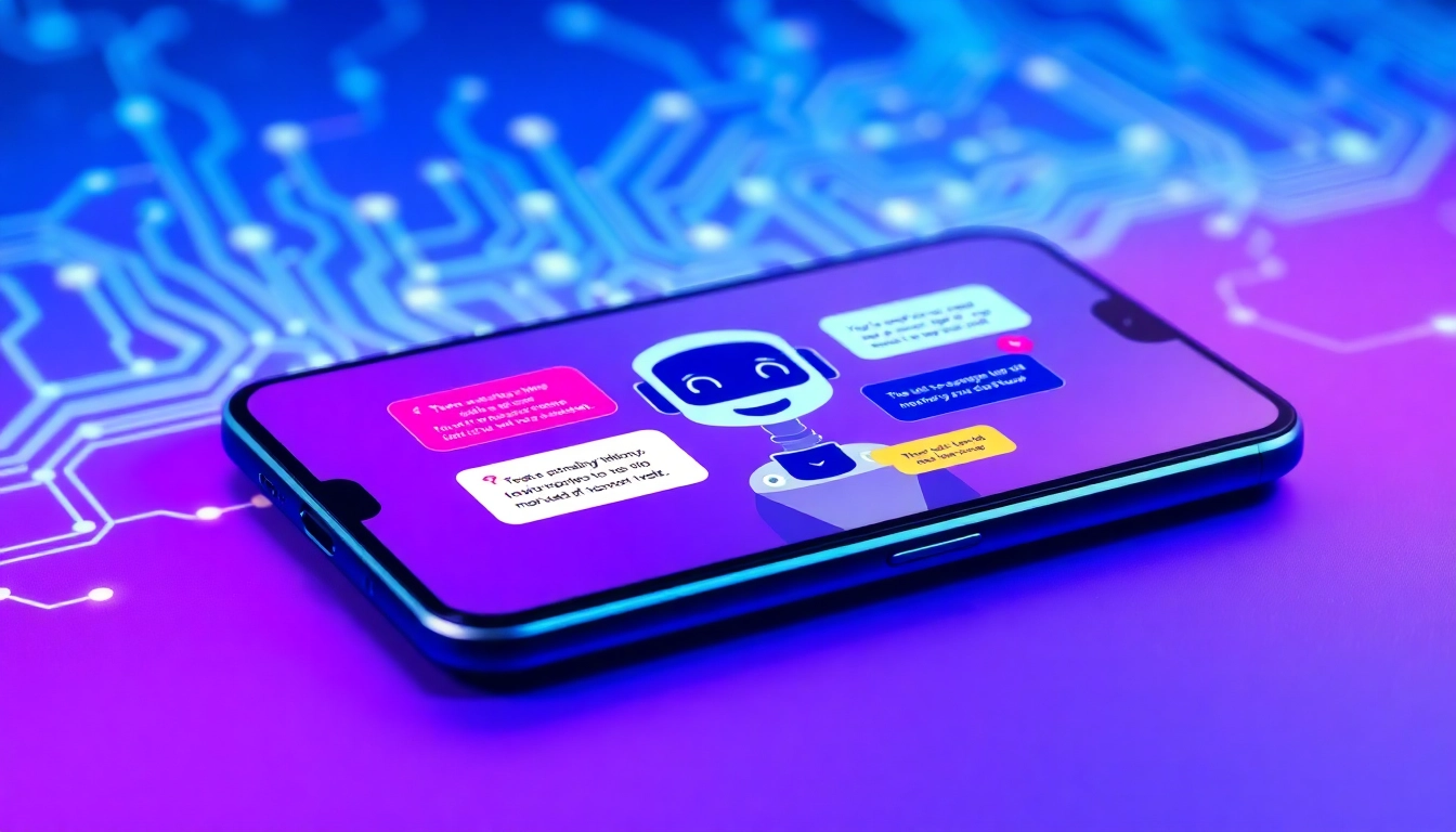 An advanced AI chatbot interface on a modern device screen with vibrant colors and futuristic design.