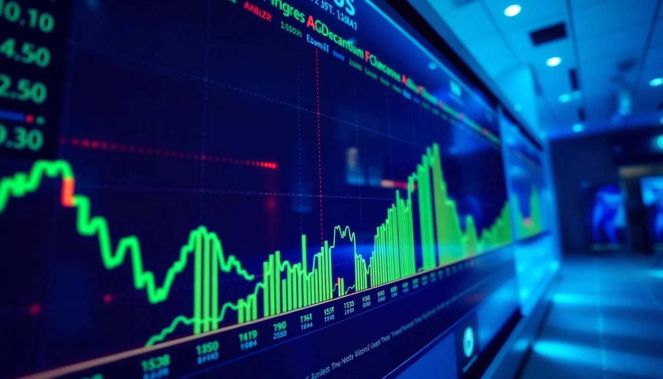 Up-to-date Stocks and Shares News with rising stock graphs and digital trading data for investors