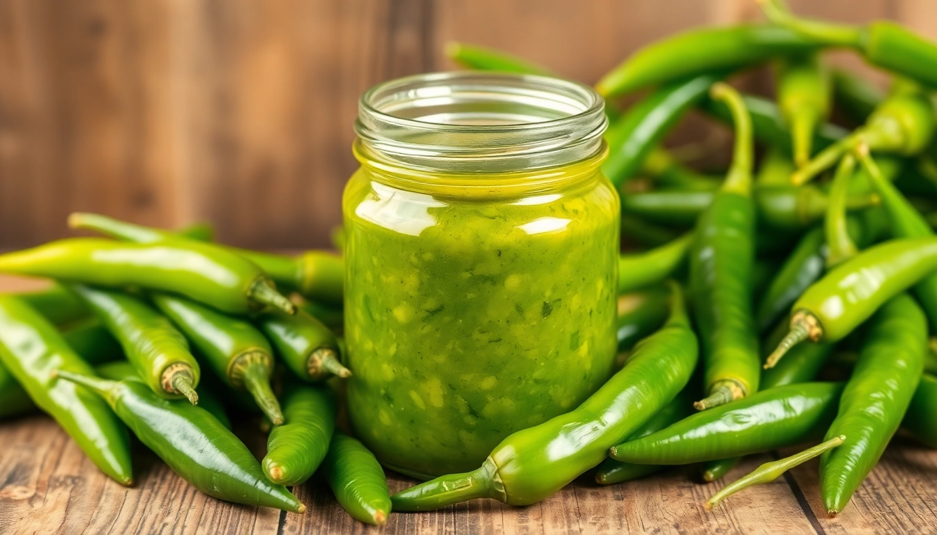 Green Chilli Sauce being poured from a jar with fresh green chillies on a rustic background,